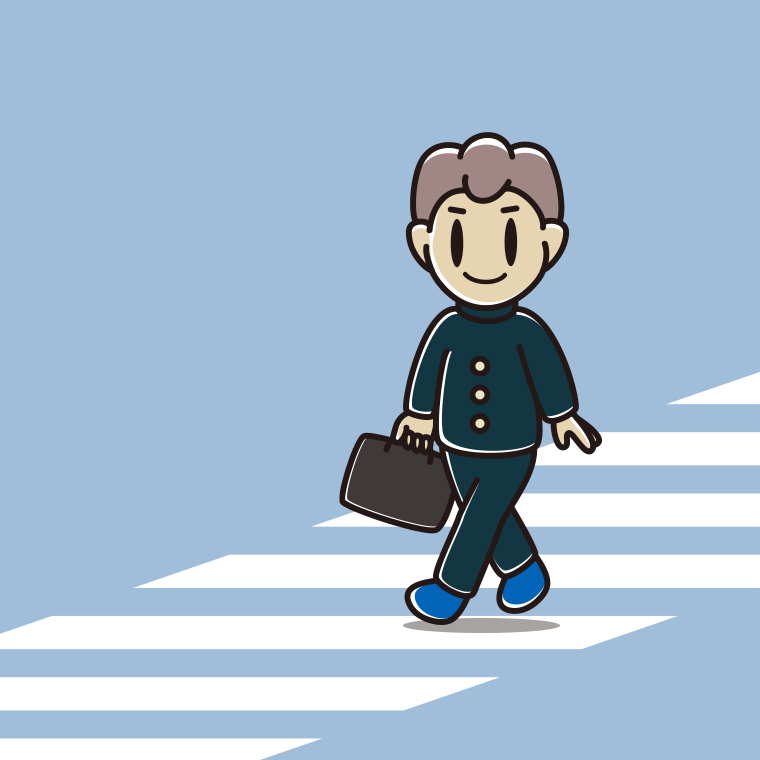 横断歩道を渡る男子中学生のイラスト【色、背景あり】PNG