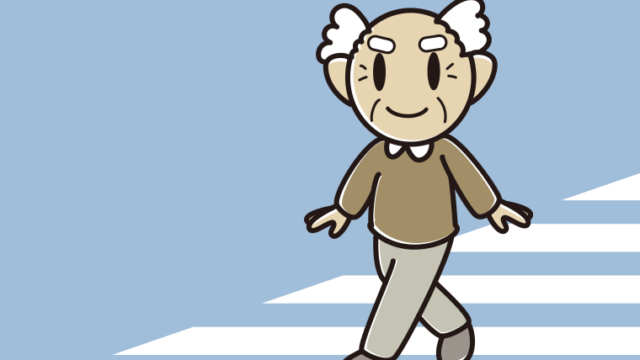 横断歩道を渡るおじいさんのイラスト【色、背景あり】PNG