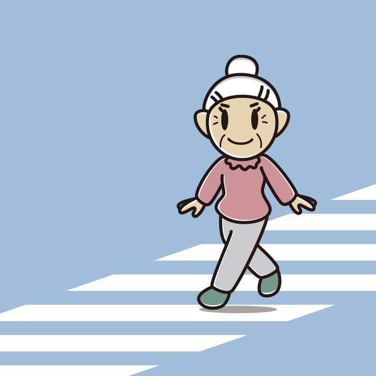 横断歩道を渡るおばあさんのイラスト【色、背景あり】PNG