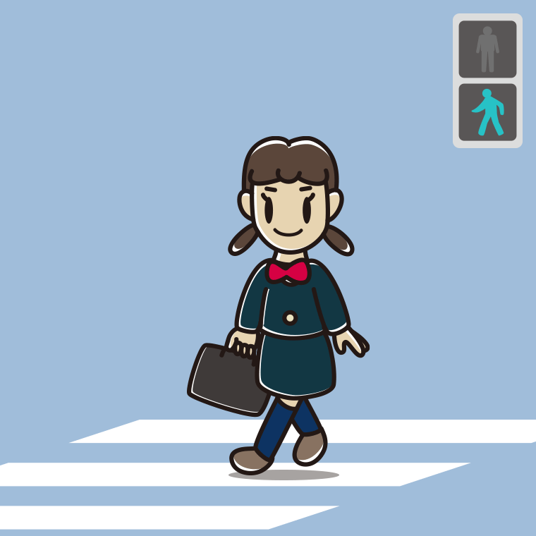 青信号の横断歩道を渡る女子中学生のイラスト【色、背景あり】PNG