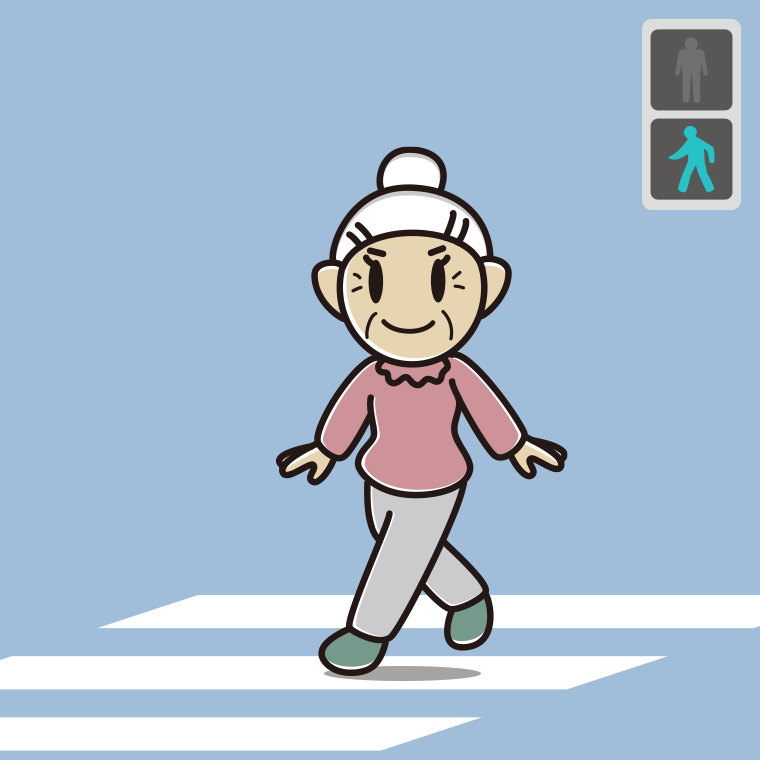 青信号の横断歩道を渡るおばあさんのイラスト【色、背景あり】PNG