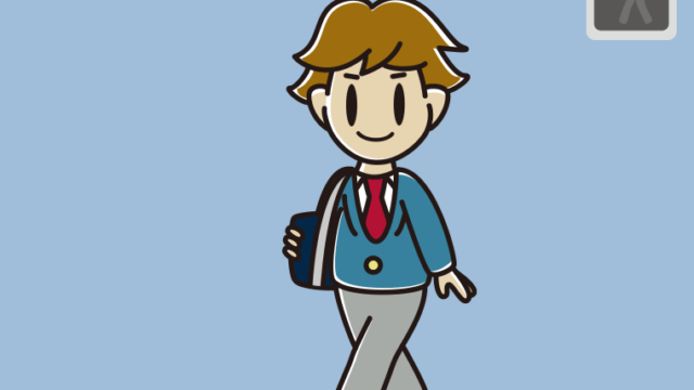 赤信号の横断歩道を渡る男子高校生のイラスト【色、背景あり】PNG