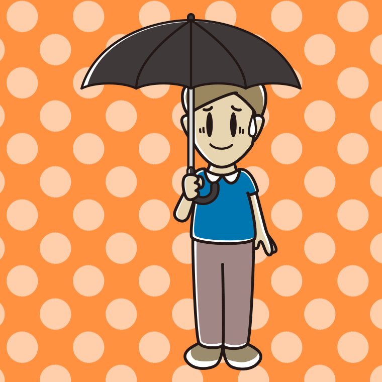傘をさして苦笑いする男性のイラスト【色、背景あり】PNG