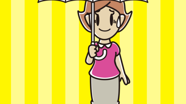 傘をさして苦笑いする女性のイラスト【色、背景あり】PNG