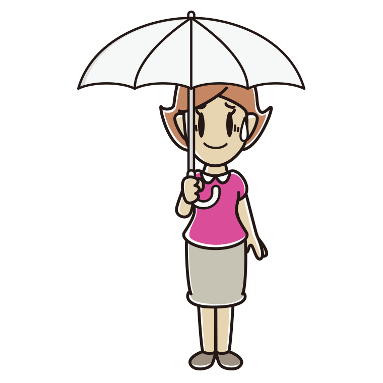 傘をさして苦笑いする女性のイラスト【色あり、背景なし】透過PNG