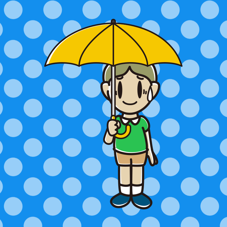 傘をさして苦笑いする小学生男子のイラスト【色、背景あり】PNG