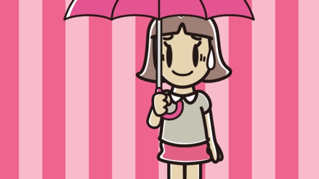 傘をさして苦笑いする小学生女子のイラスト【色、背景あり】PNG