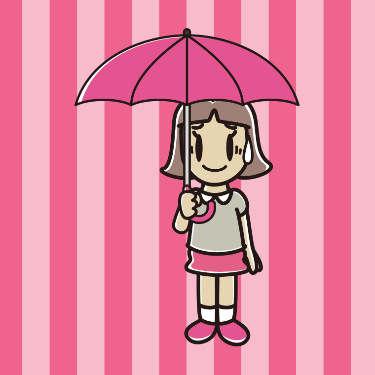 傘をさして苦笑いする小学生女子のイラスト【色、背景あり】PNG