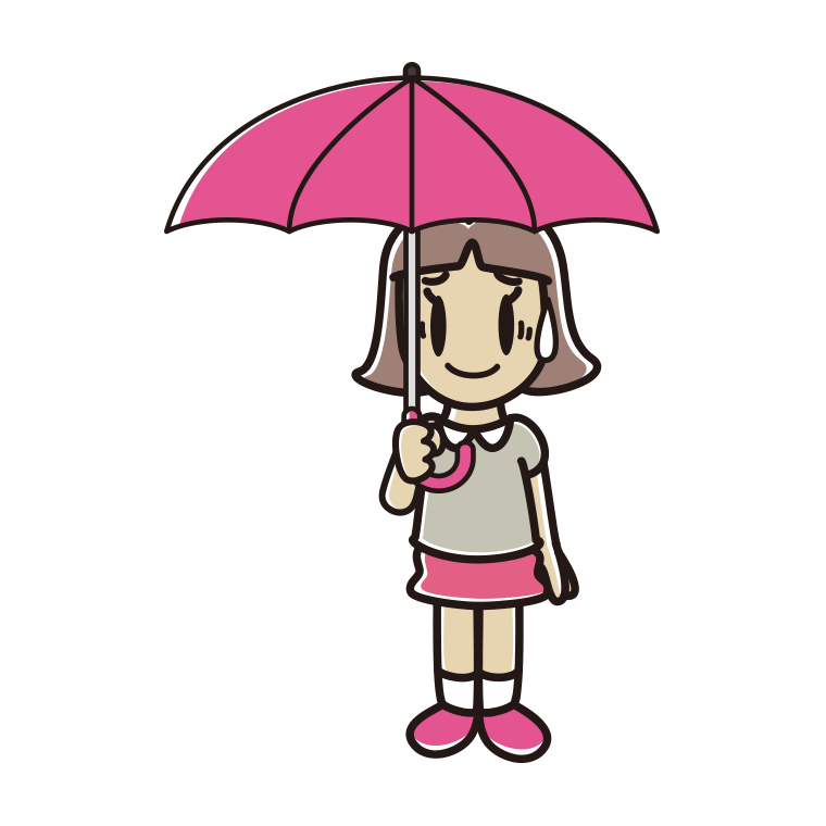 傘をさして苦笑いする小学生女子のイラスト【色あり、背景なし】透過PNG
