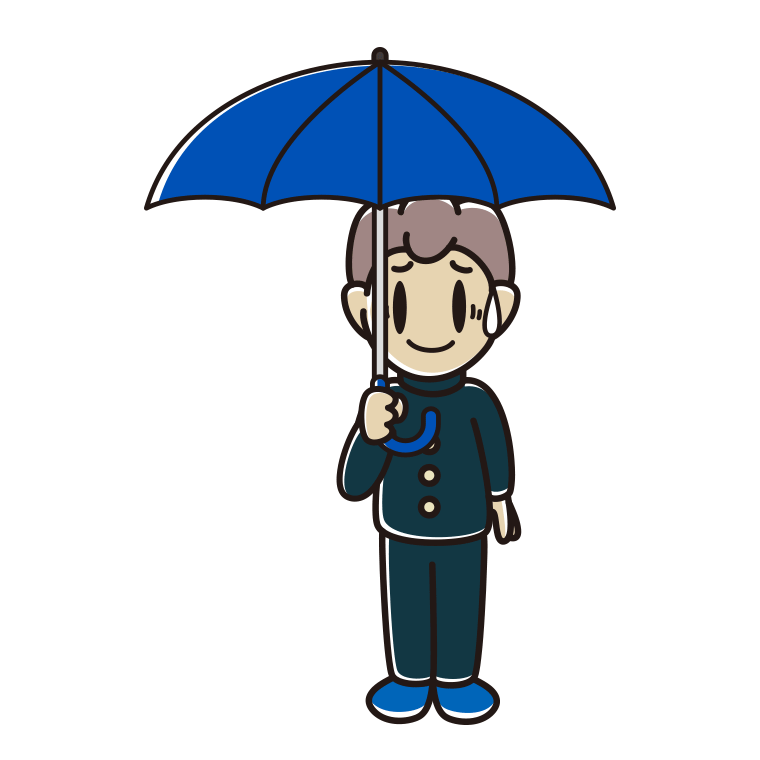 傘をさして苦笑いする男子中学生のイラスト【色あり、背景なし】透過PNG