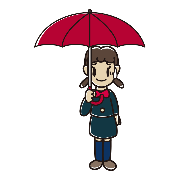 傘をさして苦笑いする女子中学生のイラスト【色あり、背景なし】透過PNG