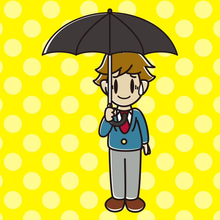 傘をさして苦笑いする男子高校生のイラスト【色、背景あり】PNG