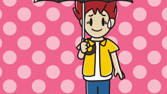 傘をさして苦笑いする男子大学生のイラスト【色、背景あり】PNG