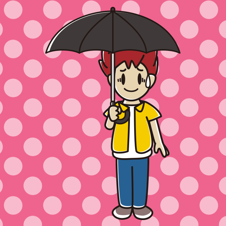 傘をさして苦笑いする男子大学生のイラスト【色、背景あり】PNG
