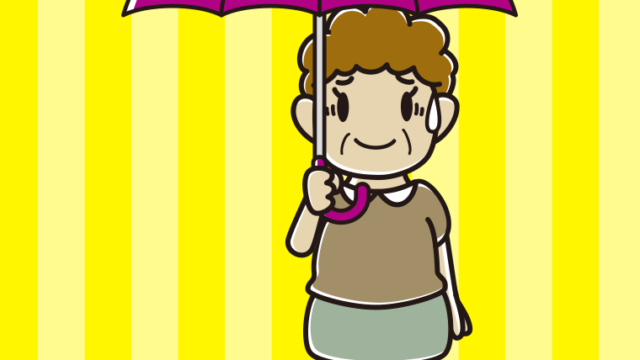 傘をさして苦笑いするおばさんのイラスト【色、背景あり】PNG