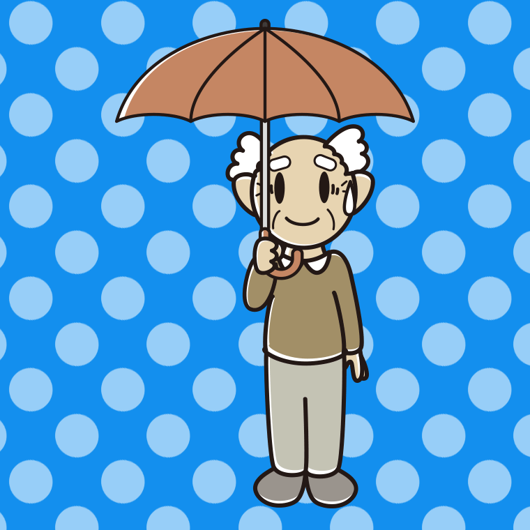 傘をさして苦笑いするおじいさんのイラスト【色、背景あり】PNG