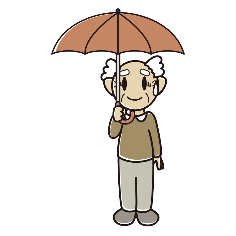 傘をさして苦笑いするおじいさんのイラスト【色あり、背景なし】透過PNG