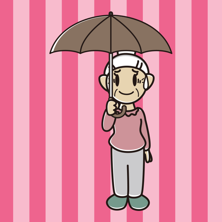 傘をさして苦笑いするおばあさんのイラスト【色、背景あり】PNG