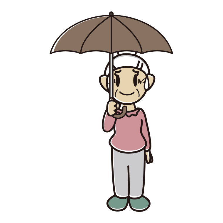 傘をさして苦笑いするおばあさんのイラスト【色あり、背景なし】透過PNG