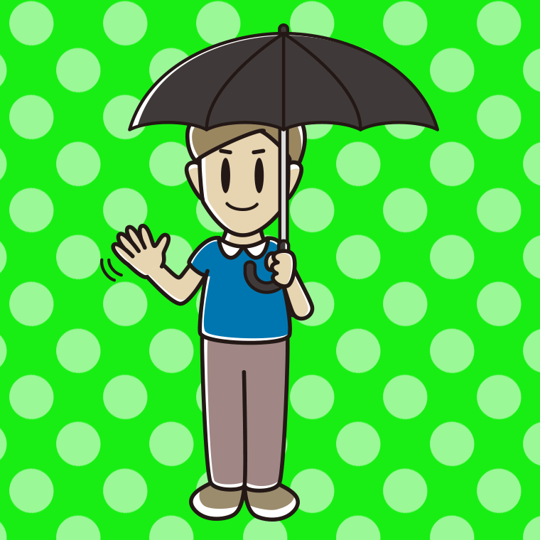 傘をさして手を振る男性のイラスト【色、背景あり】PNG
