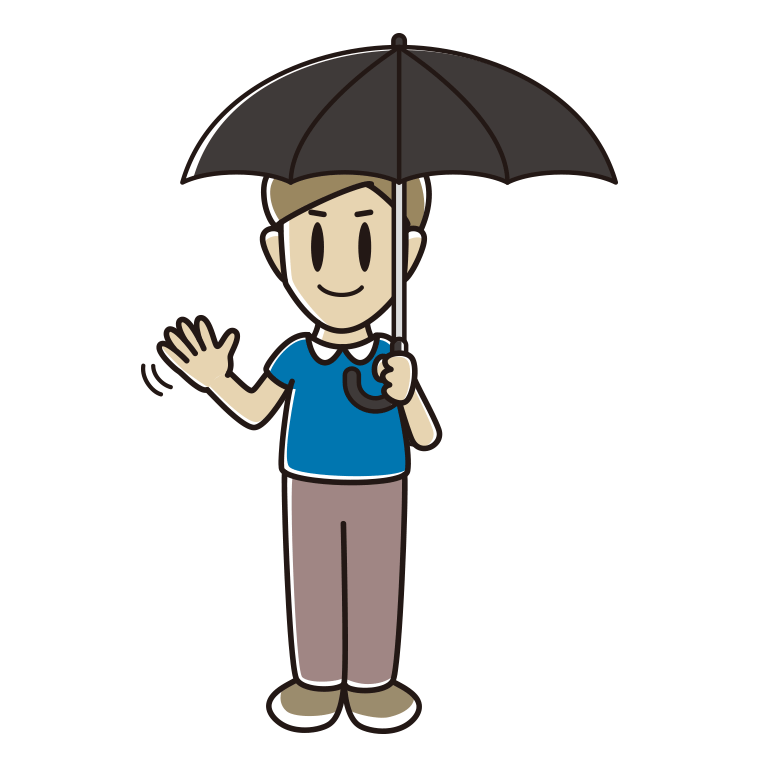 傘をさして手を振る男性のイラスト【色あり、背景なし】透過PNG