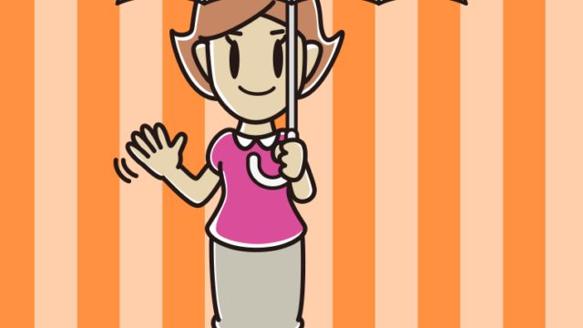 傘をさして手を振る女性のイラスト【色、背景あり】PNG