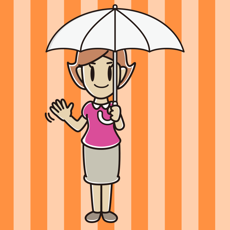 傘をさして手を振る女性のイラスト【色、背景あり】PNG