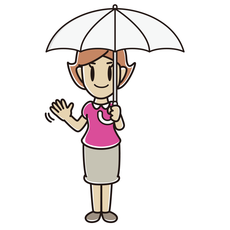 傘をさして手を振る女性のイラスト【色あり、背景なし】透過PNG