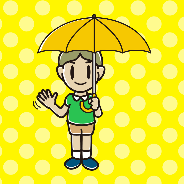 傘をさして手を振る小学生男子のイラスト【色、背景あり】PNG