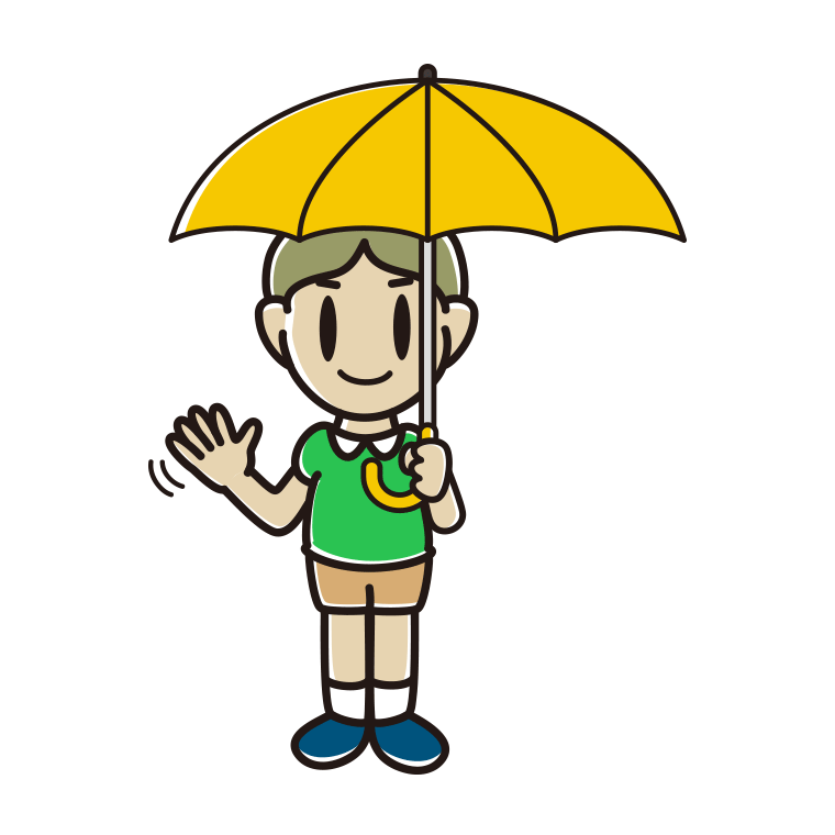 傘をさして手を振る小学生男子のイラスト【色あり、背景なし】透過PNG