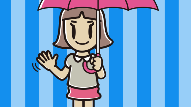 傘をさして手を振る小学生女子のイラスト【色、背景あり】PNG