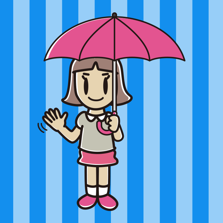 傘をさして手を振る小学生女子のイラスト【色、背景あり】PNG
