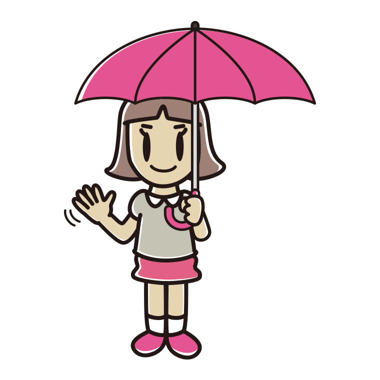 傘をさして手を振る小学生女子のイラスト【色あり、背景なし】透過PNG