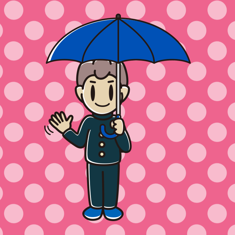傘をさして手を振る男子中学生のイラスト【色、背景あり】PNG