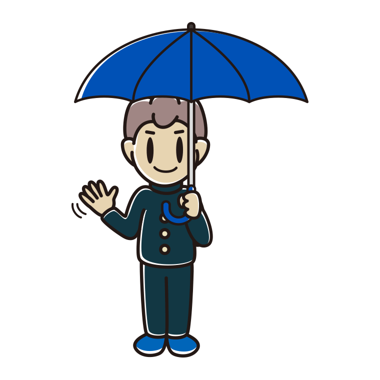傘をさして手を振る男子中学生のイラスト【色あり、背景なし】透過PNG