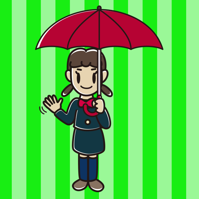 傘をさして手を振る女子中学生のイラスト【色、背景あり】PNG