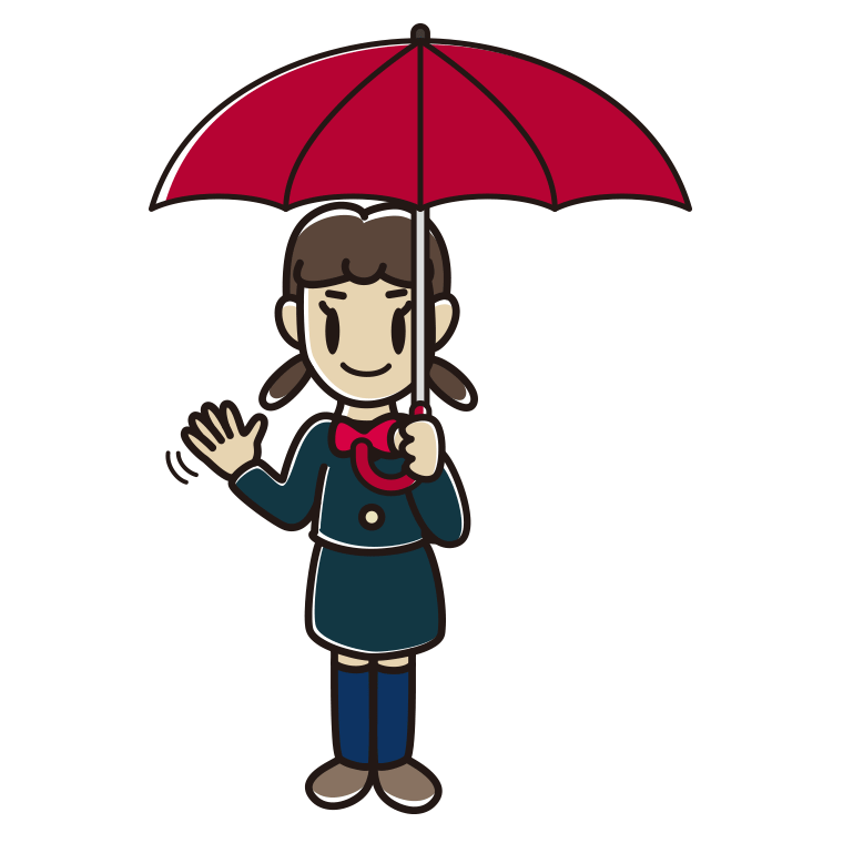 傘をさして手を振る女子中学生のイラスト【色あり、背景なし】透過PNG