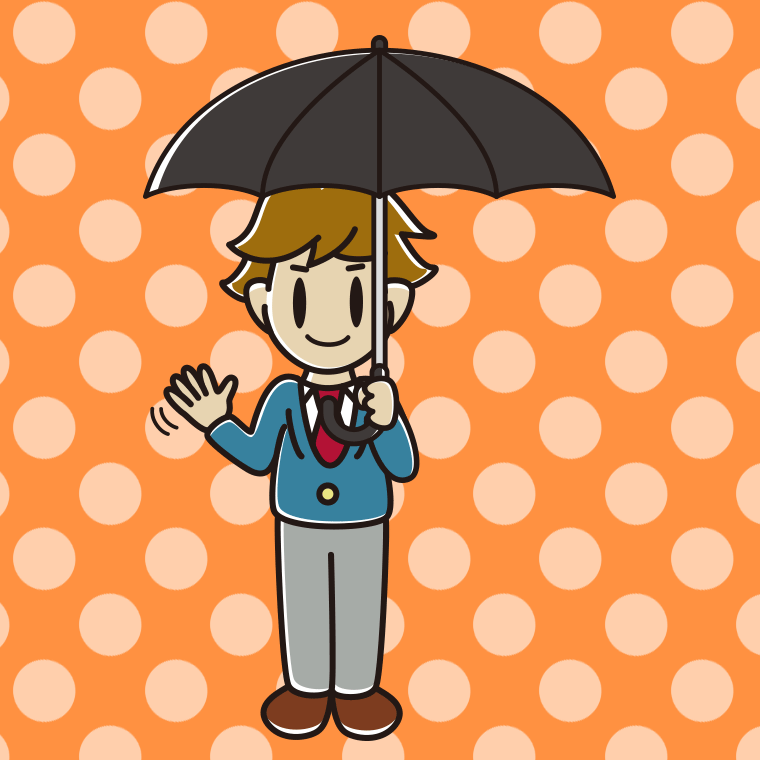 傘をさして手を振る男子高校生のイラスト【色、背景あり】PNG
