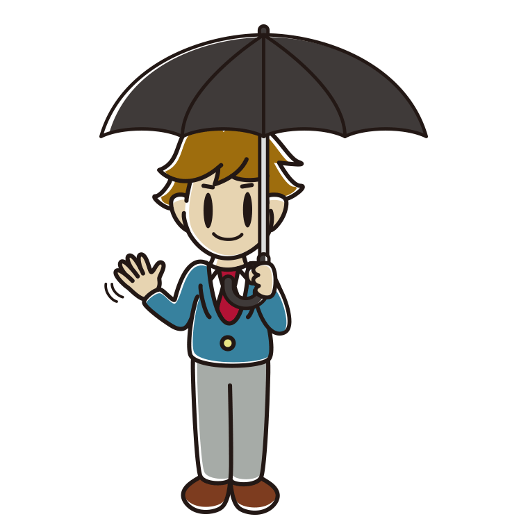 傘をさして手を振る男子高校生のイラスト【色あり、背景なし】透過PNG