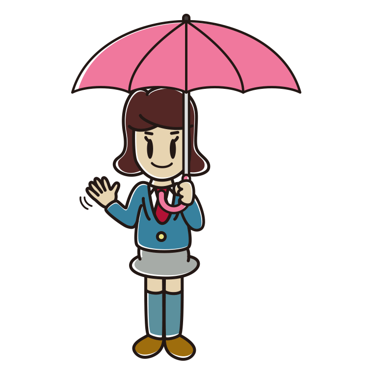 傘をさして手を振る女子高校生のイラスト【色あり、背景なし】透過PNG