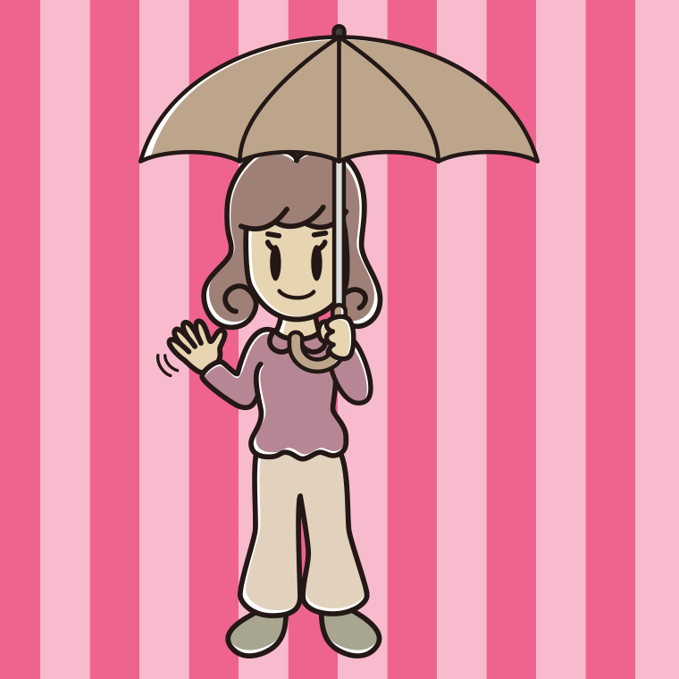 傘をさして手を振る女子大学生のイラスト【色、背景あり】PNG