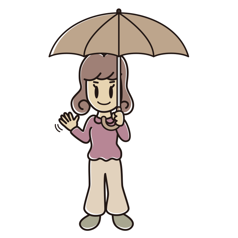 傘をさして手を振る女子大学生のイラスト【色あり、背景なし】透過PNG