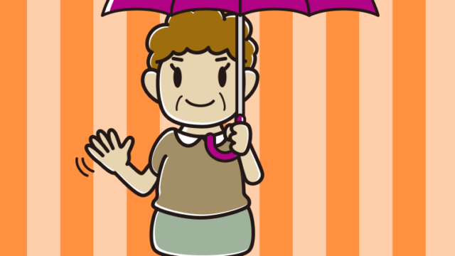 傘をさして手を振るおばさんのイラスト【色、背景あり】PNG