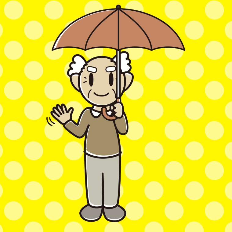 傘をさして手を振るおじいさんのイラスト【色、背景あり】PNG