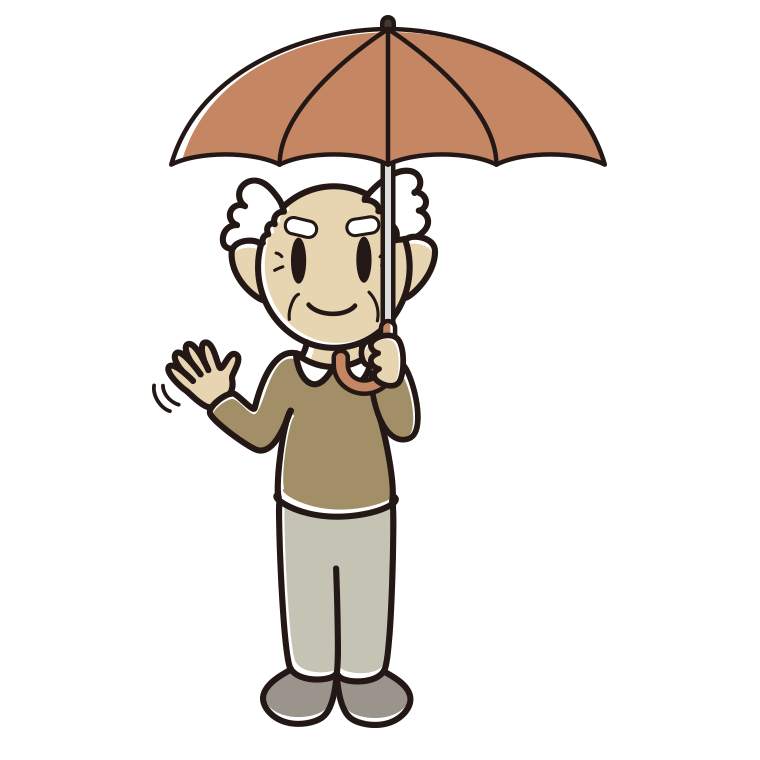 傘をさして手を振るおじいさんのイラスト【色あり、背景なし】透過PNG