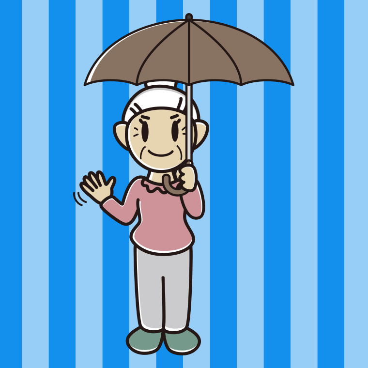 傘をさして手を振るおばあさんのイラスト【色、背景あり】PNG
