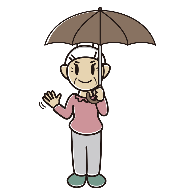 傘をさして手を振るおばあさんのイラスト【色あり、背景なし】透過PNG