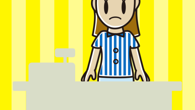 困る女性コンビニ店員のイラスト【色、背景あり】PNG