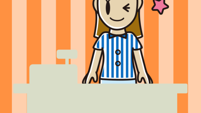 ウインクする女性コンビニ店員のイラスト【色、背景あり】PNG