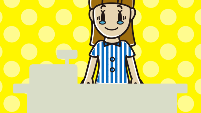 ジーンとする女性コンビニ店員のイラスト【色、背景あり】PNG